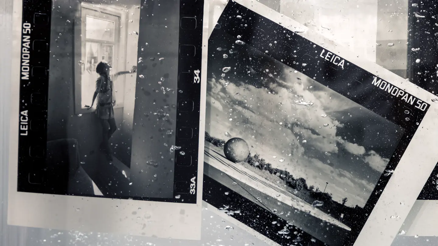 Black-and-white film negatives covered with water droplets.