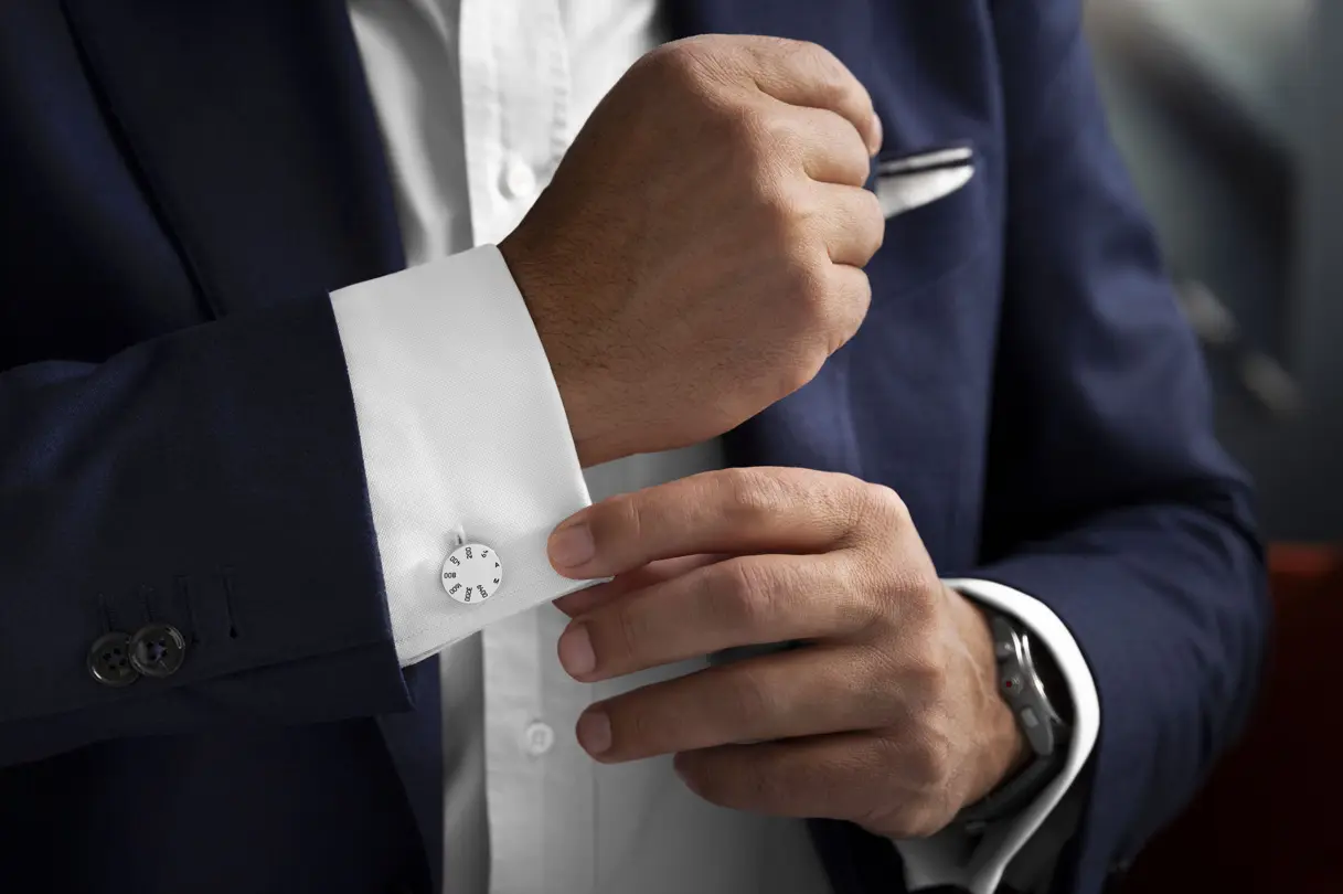 Leica cufflinks on a men's shirt.