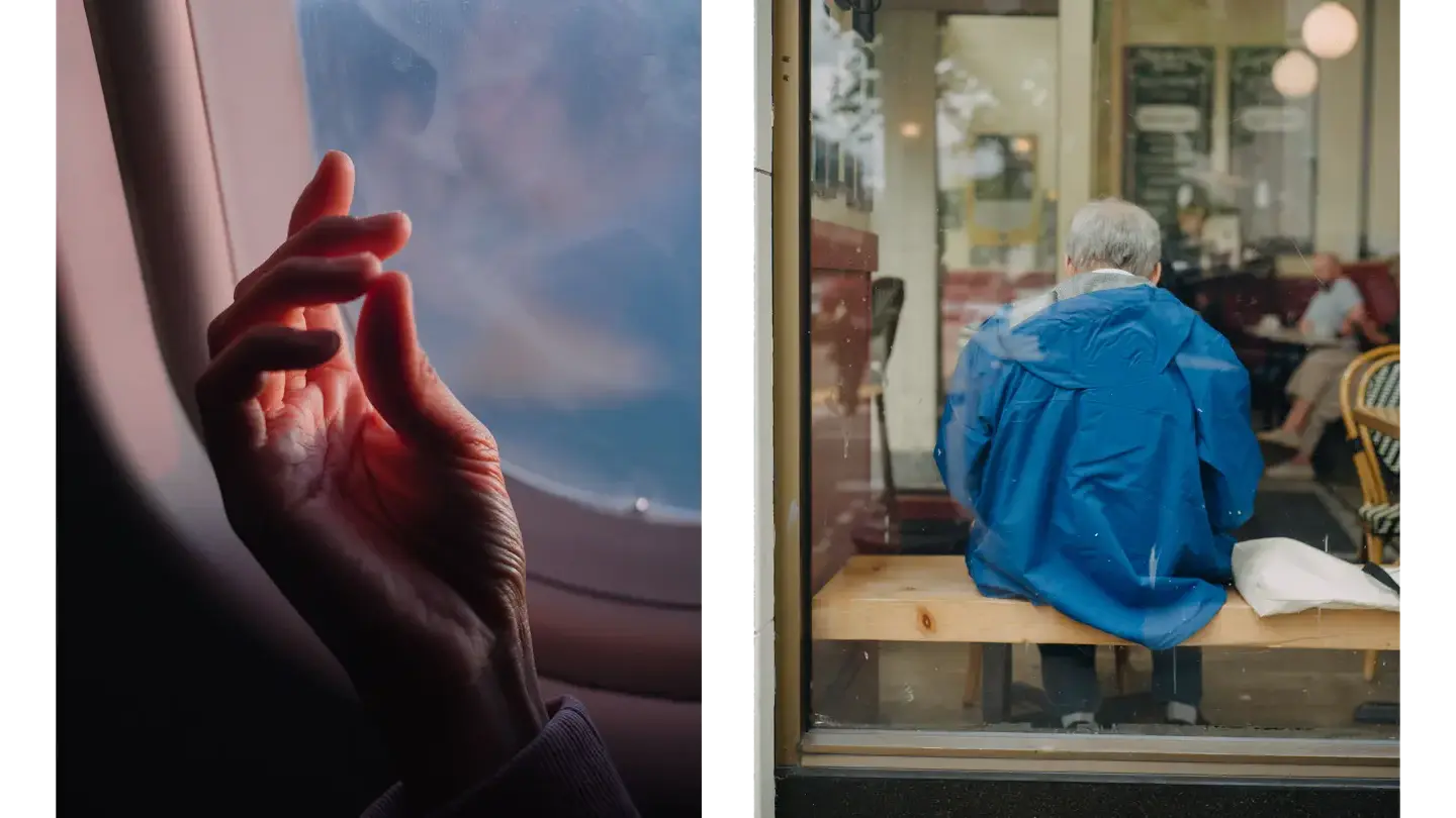 Two window-framed scenes, pairing an airplane cabin with a café interior.