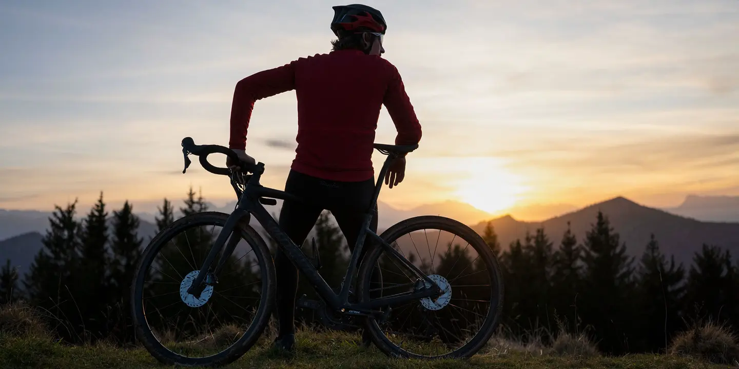 Man leaning on his mountain bike looking at the mountains at sunset.