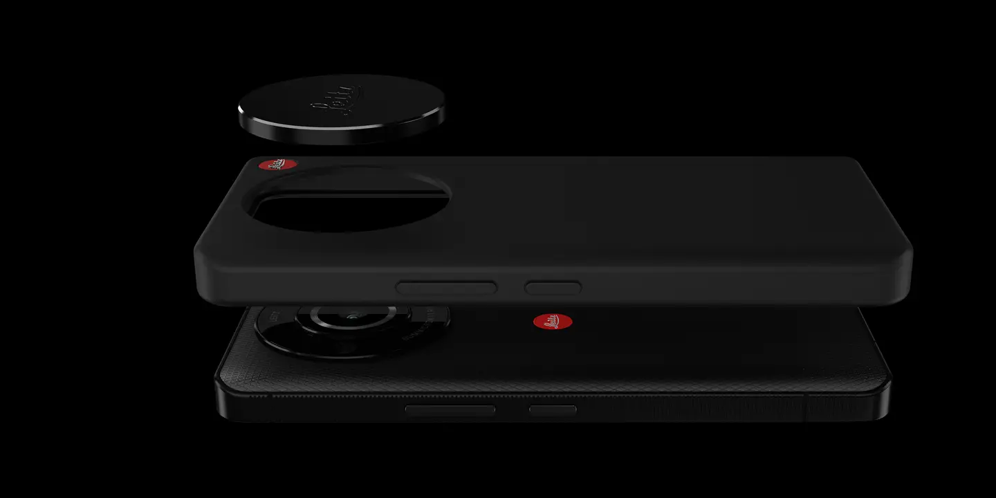 Components of the Leitz smartphone, such as the device and camera case, float above each other.