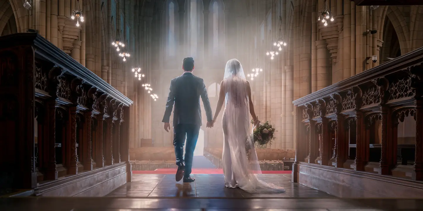 A bride and groom walk hand in hand down the aisle of an impressive church.