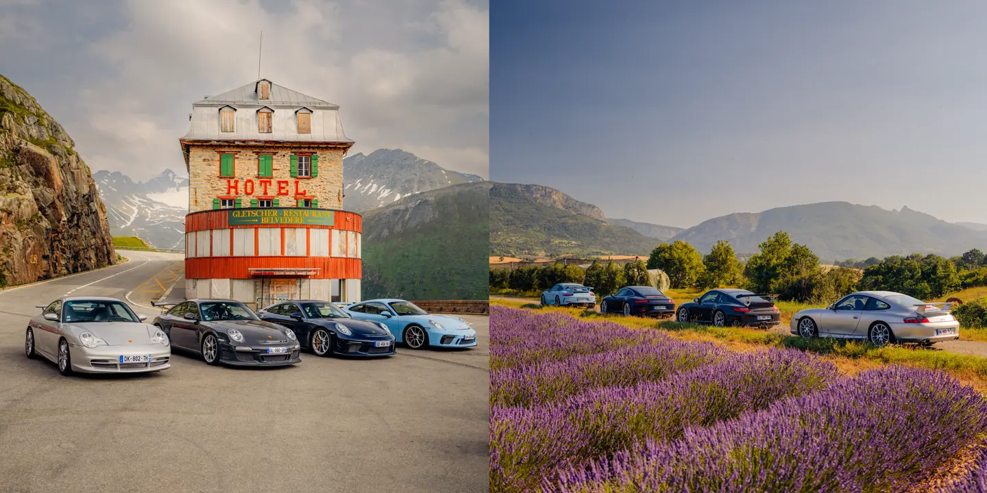 Split screen of four Porsches in front of a hotel and a field of flowers in a mountainous landscape.