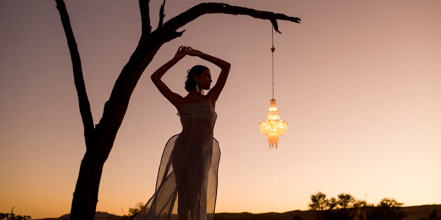 Woman posing under a tree at sunset next to a hanging lantern.