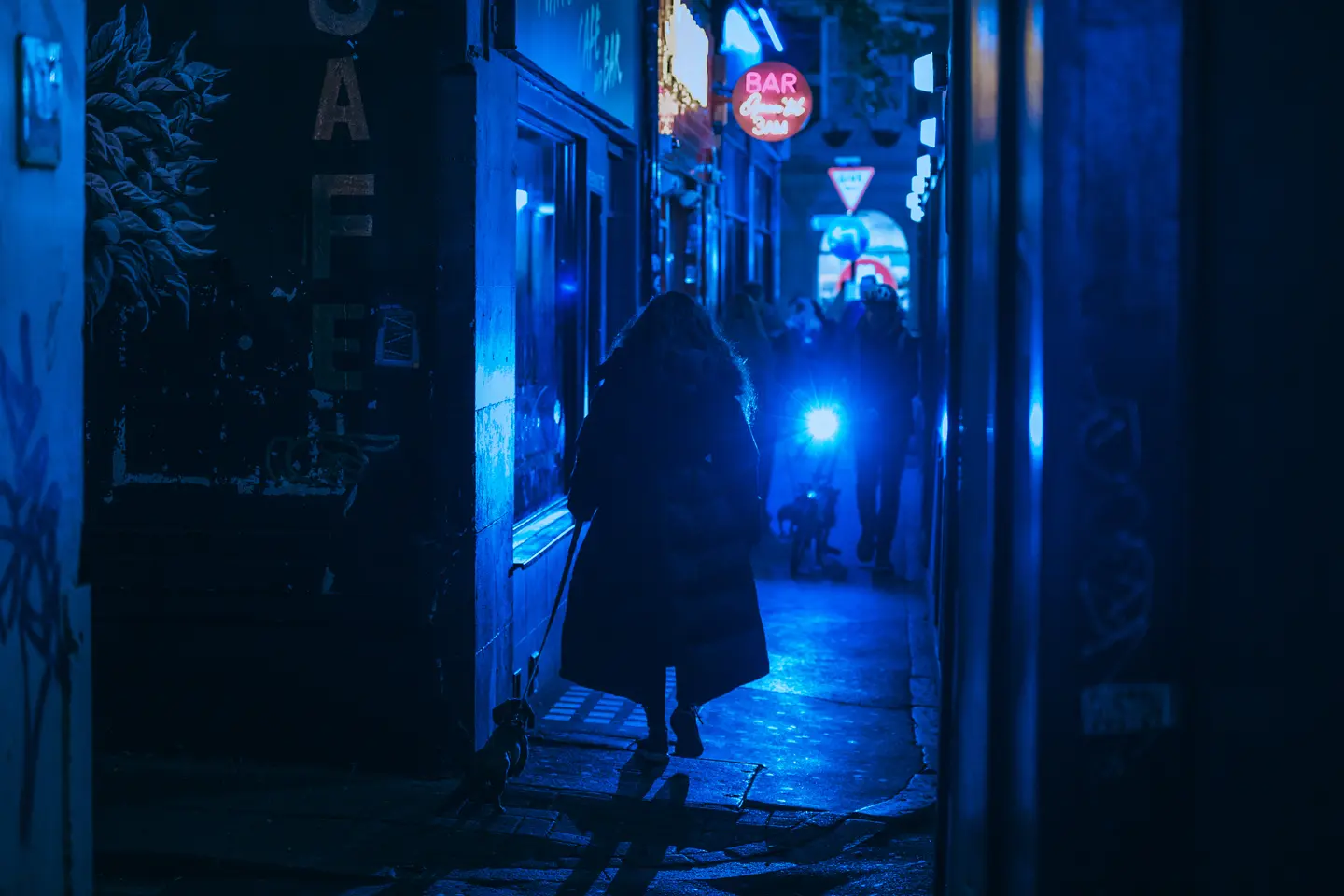 Person walking a dog through a narrow alley at night, illuminated by blue neon lights.