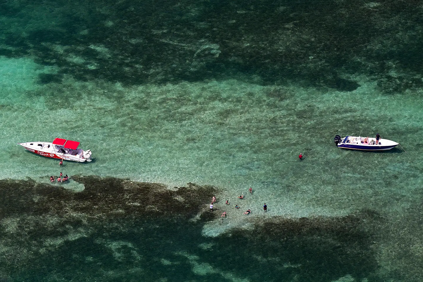 View from above of two boats and people in the water.