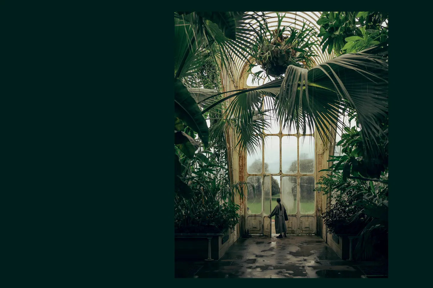 A woman in a tropical house opens a large glass door.