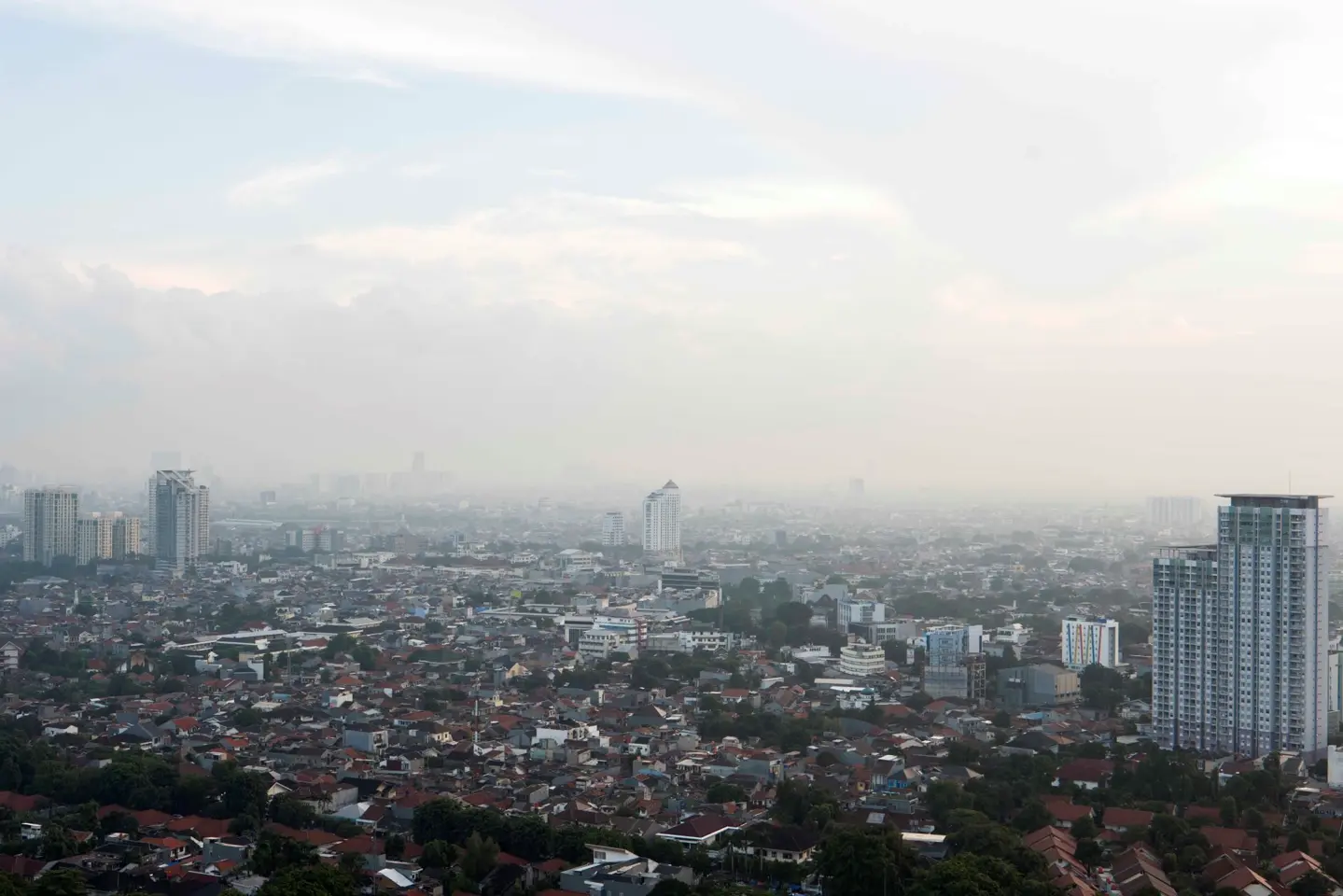 View of a foggy city with tower blocks.