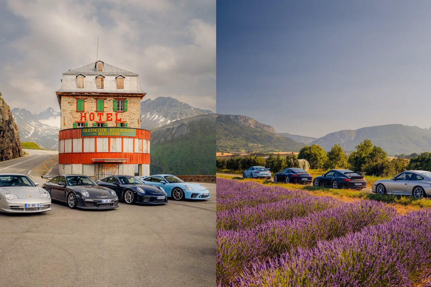 Split screen of four Porsches in front of a hotel and a field of flowers in a mountainous landscape.