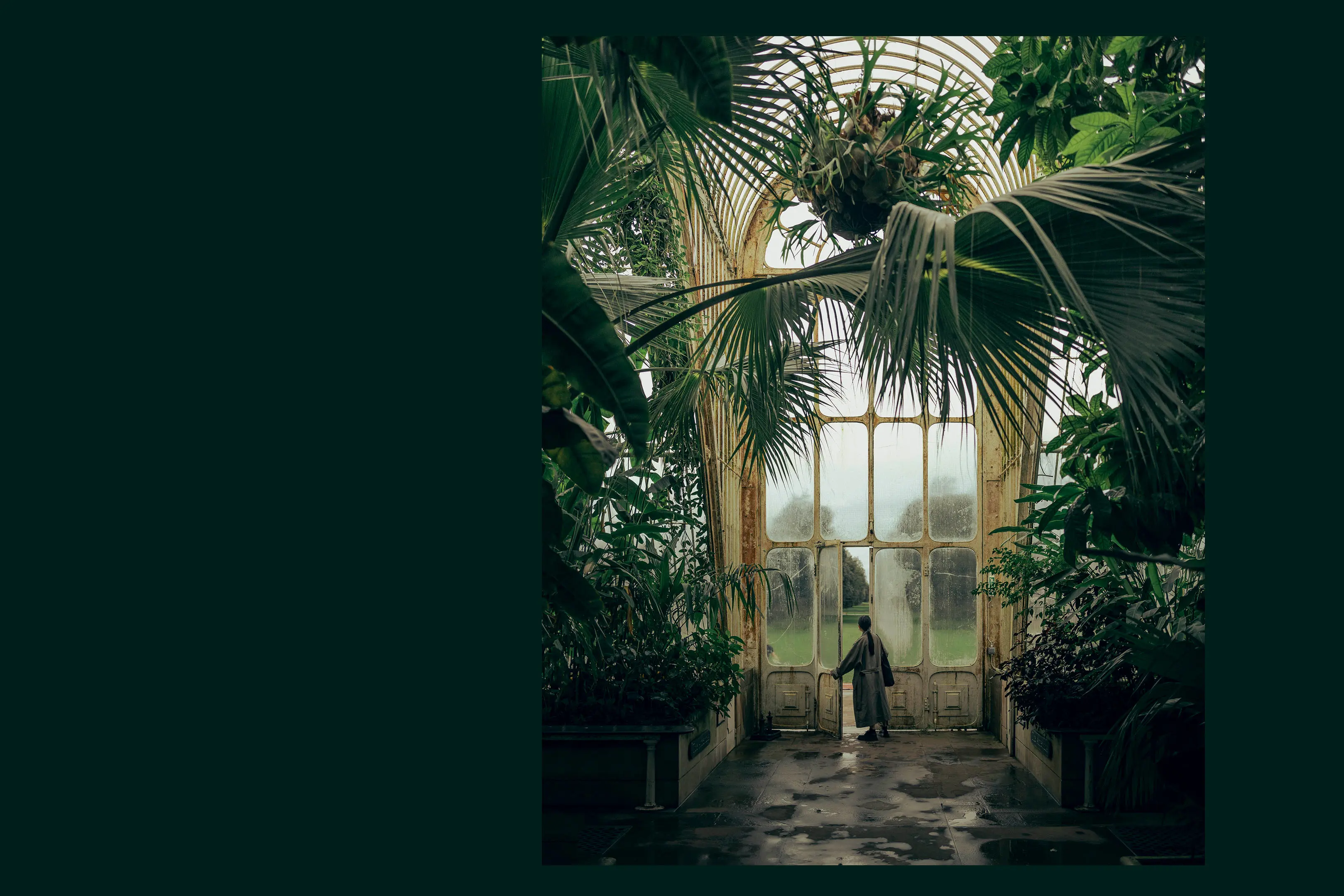 A woman in a tropical house opens a large glass door.