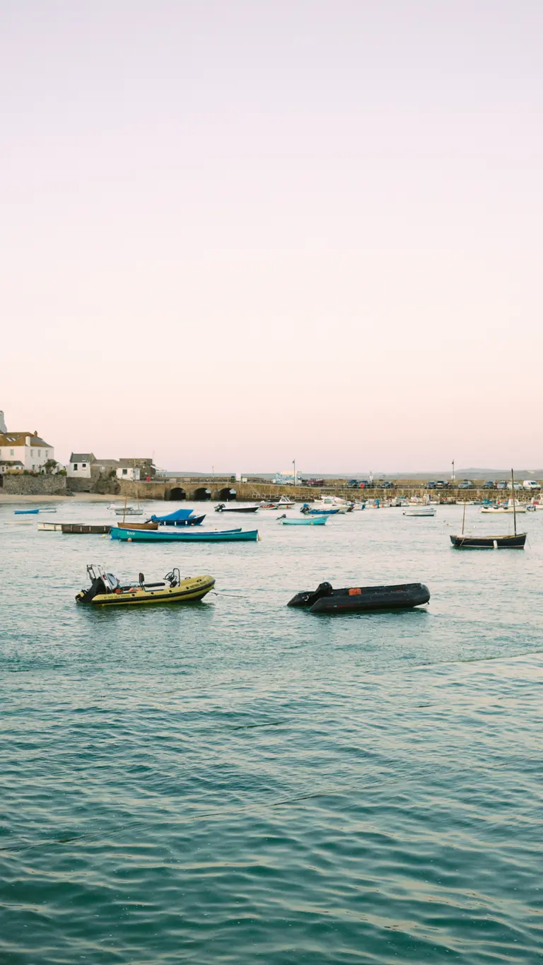 Colour image of boats on the sea off a seaside town