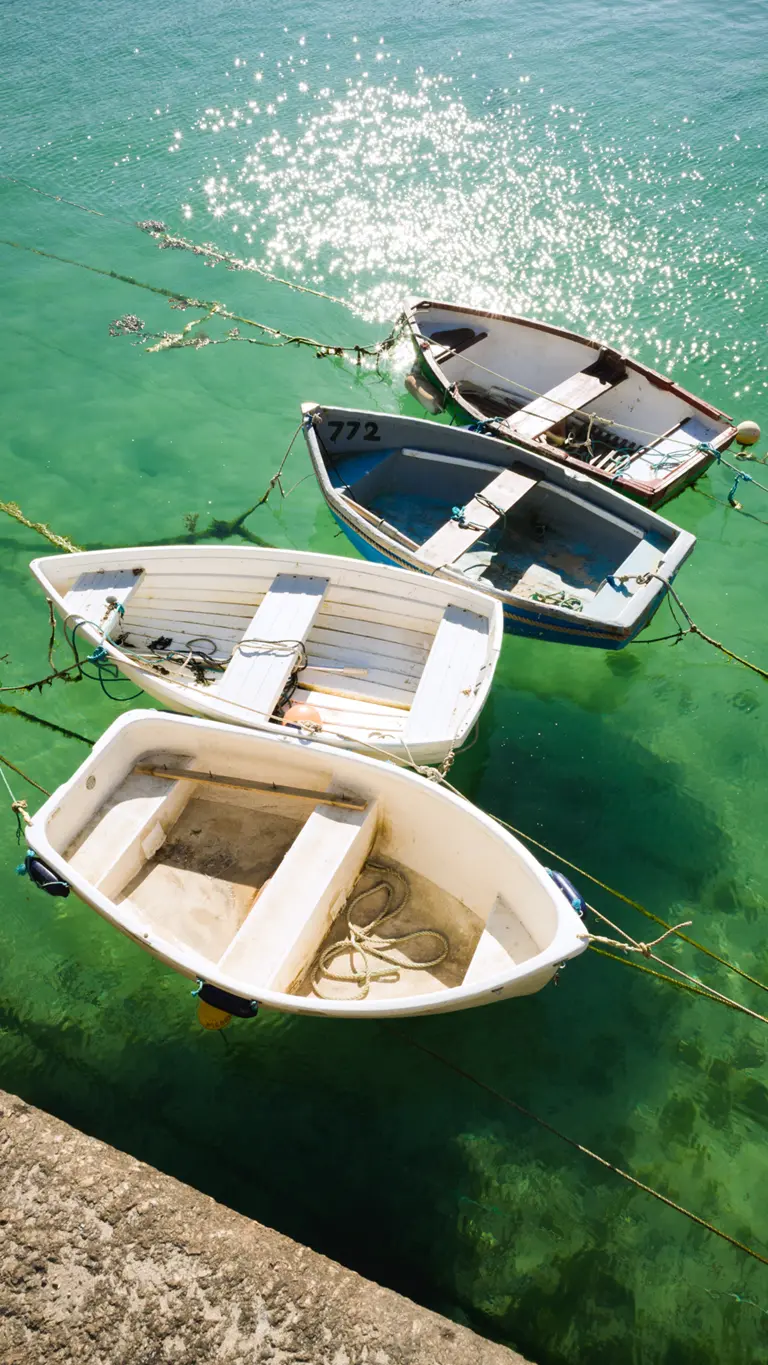 Colour image of boats moored by the sea