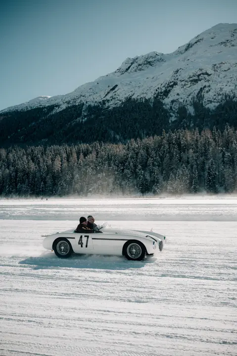 tew men in a sports car in a snowy landscape