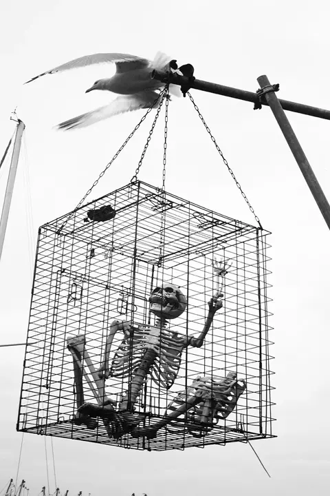 fake skeleton in cage b&w