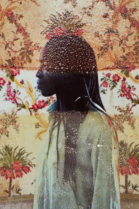 Portrait silhouette behind a rain-speckled window, framed by floral patterns and soft natural light, creating a layered and atmospheric visual composition.