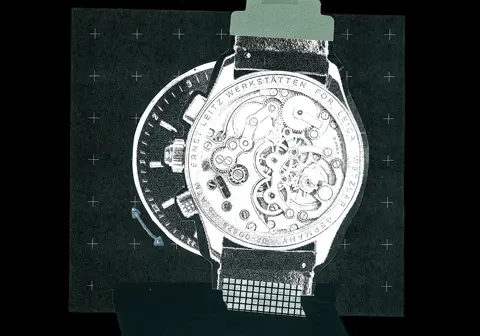 Graphic collage of a Leica wristwatch with transparent case back, highlighting the mechanical movement and engraved details in an experimental editorial style.