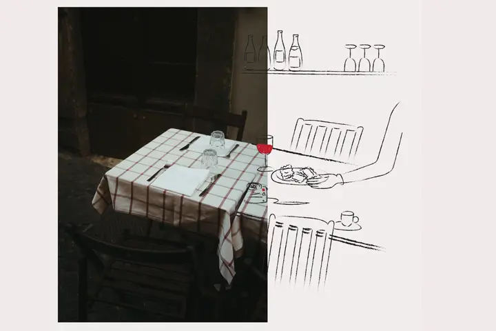 Image of a table consisting of one half photographed and one half drawn