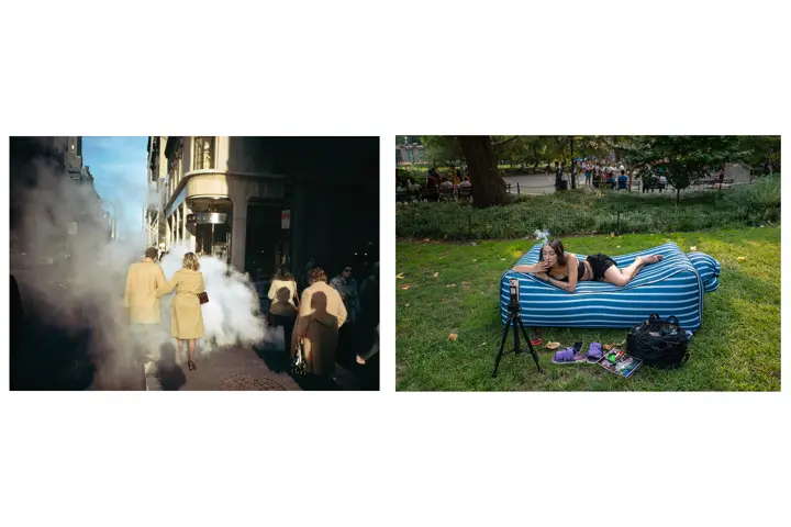 Collage of a picture in a city and one in a garden