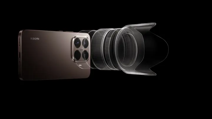 Xiaomi 15T Pro mocha gold with lens hood in front of camera lenses.
