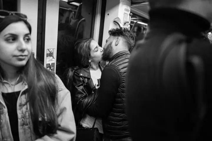Kissing couple in a train