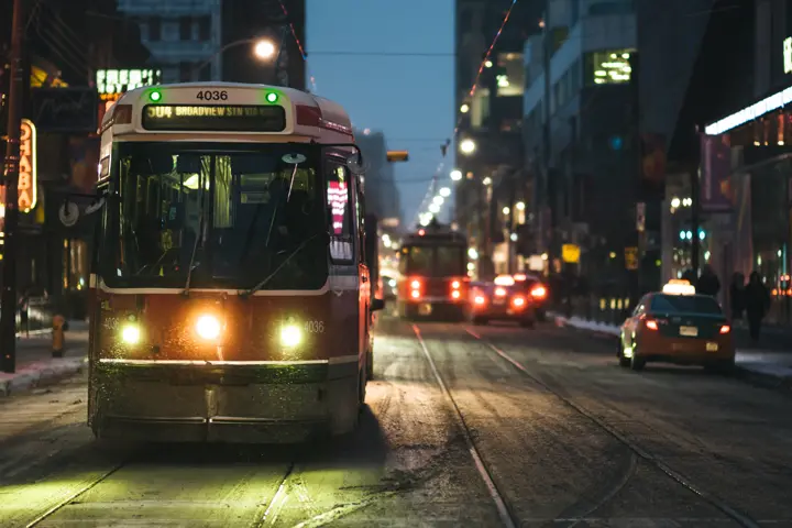 Tram as darkness falls in New York