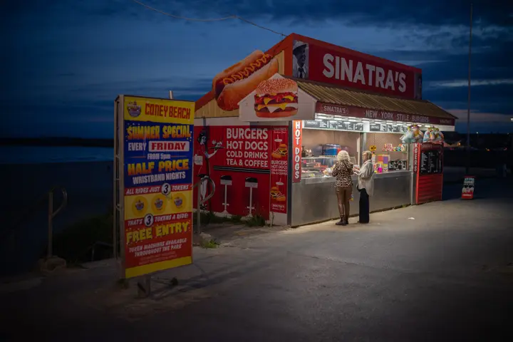 Sinatra's snack bar photographed at the onset of darkness
