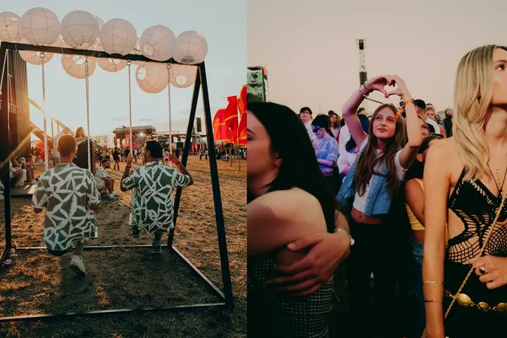 Collage of images of people partying at the sunny hills festival