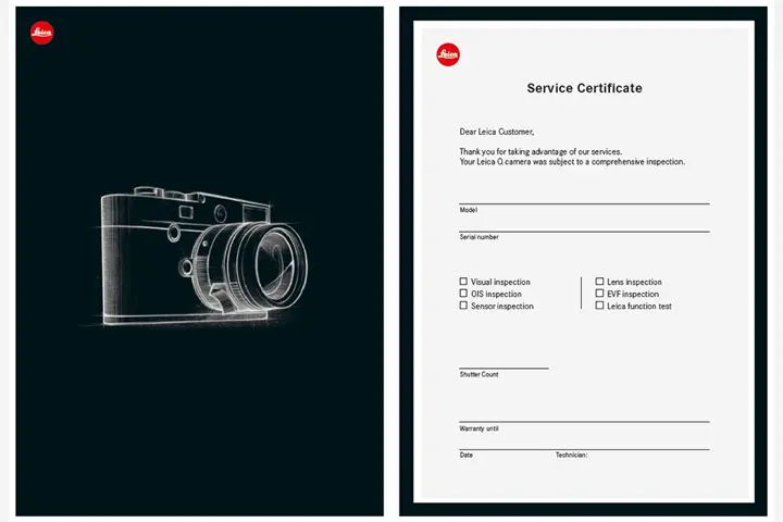 A Leica Camera beside the Service Certificate.