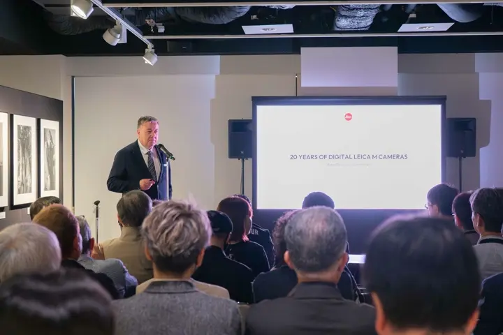 At the Leica Ginza 20th Anniversary Photo Exhibition Opening, speech moment during the program