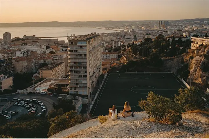 Two people are sitting on a hill overlooking buildings