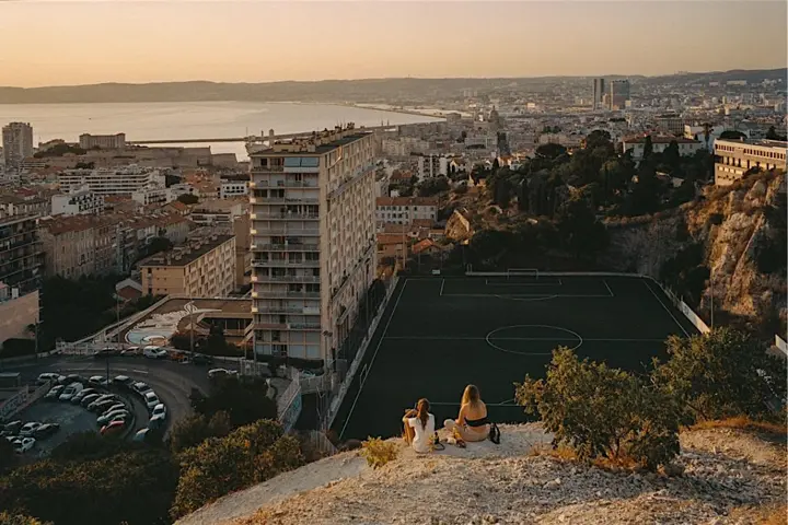 Two people are sitting on a hill in front of a city