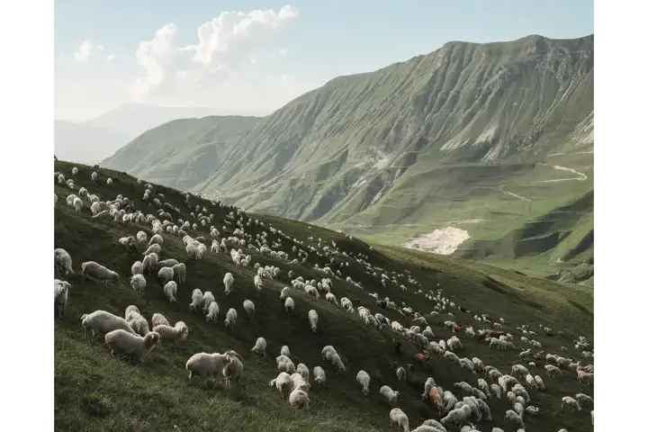 A large flock of sheep grazing across a green mountainside surrounded by sweeping mountain scenery.