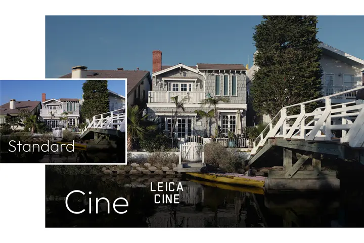 Low-angle view of a white Art Deco building, comparing Standard photography with Leica Cine