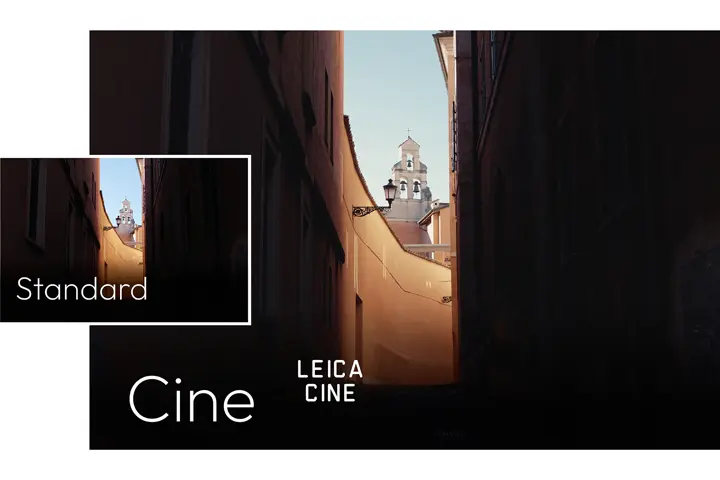 Narrow historic alley with a church bell tower, comparing Standard photography with Leica Cine