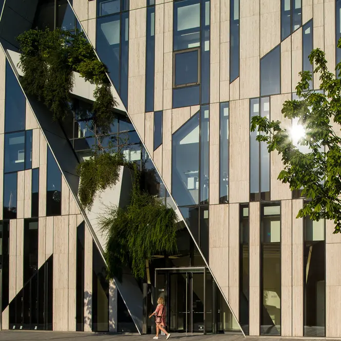 Window front of a big building with trees and plants.