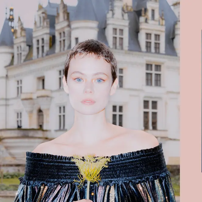Two-part picture with a portrait of a woman in front of a castle and two roses.