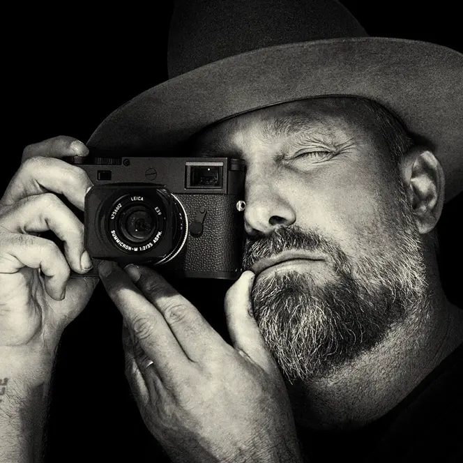 Close-up of a man taking a picture. 