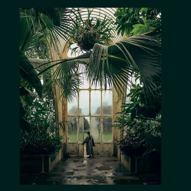 A woman in a tropical house opens a large glass door.