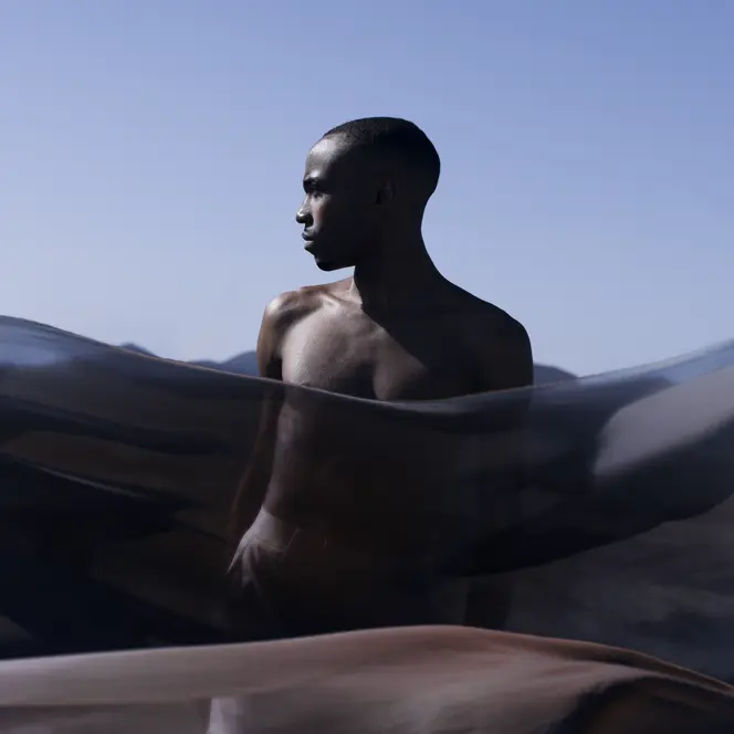 Man behind a transparent cloth looks to the side and light blue sky in the background.