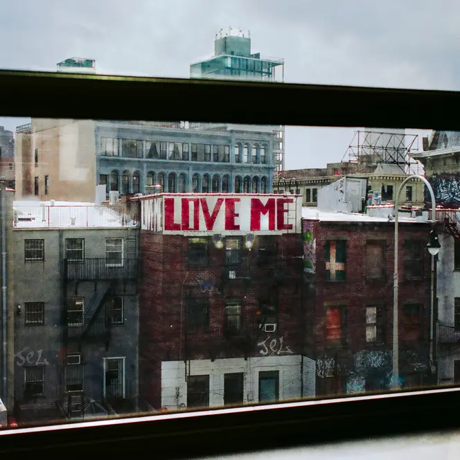 View from a window of a city with a building bearing the graffiti ‘LOVE ME’.