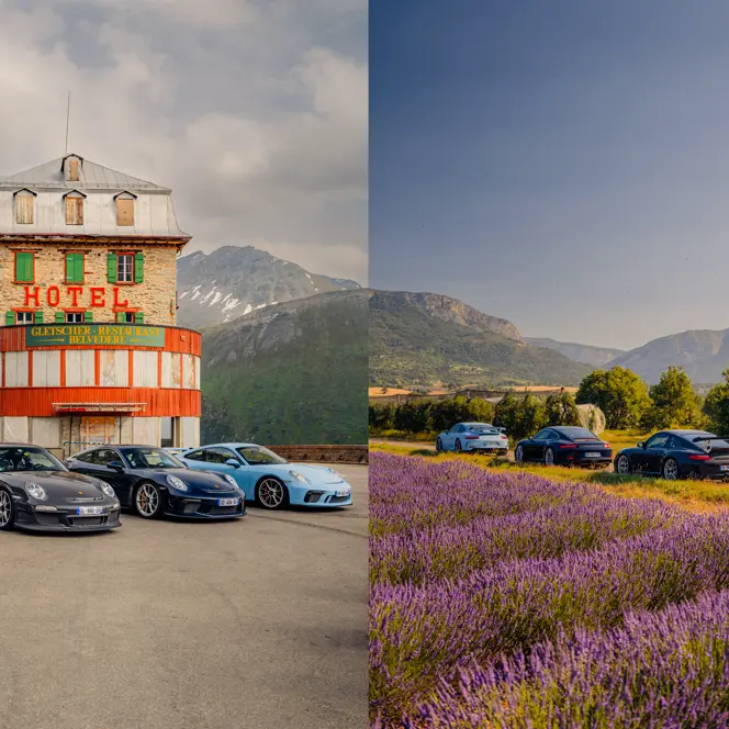 Split screen of four Porsches in front of a hotel and a field of flowers in a mountainous landscape.