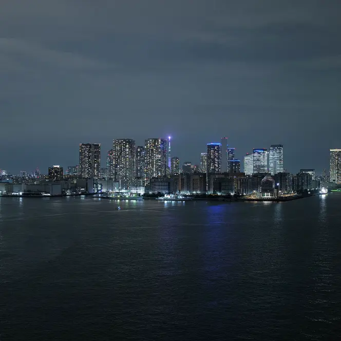 Illuminated skyline of Tokyo at night, with a view of the water in the foreground.