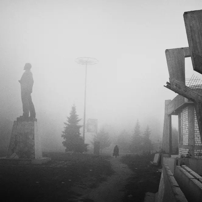 statue in the mist b&w