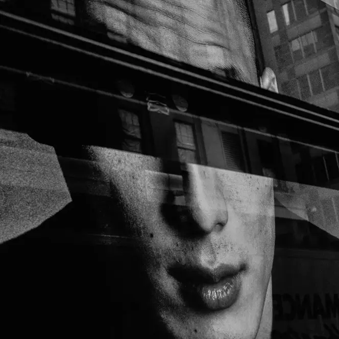 store front reflection b&w