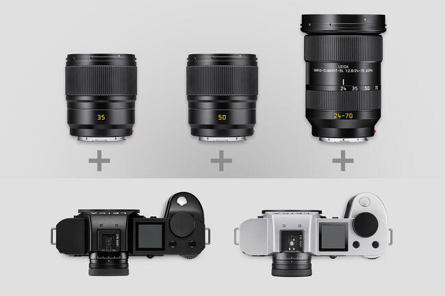 Summicron-SL 50, Summicron-SL 35, Vario-Elmarit-SL 24-70 + Leica SL2 black and silver from top
