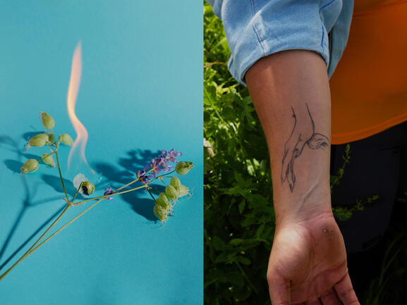 diptych with tattooed arm and photo of flowers