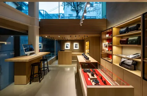 Product shelfs in the Leica Camera Store Tokyo Omotesando.