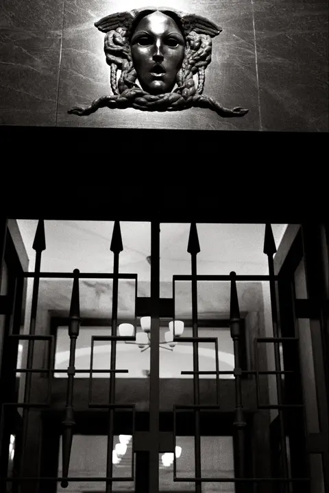 black and white photography entrance building