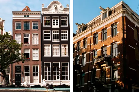 Two pictures of houses in Amsterdam