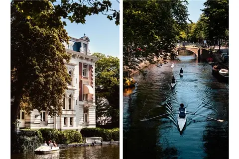 A house in Amsterdam and the canals with boats